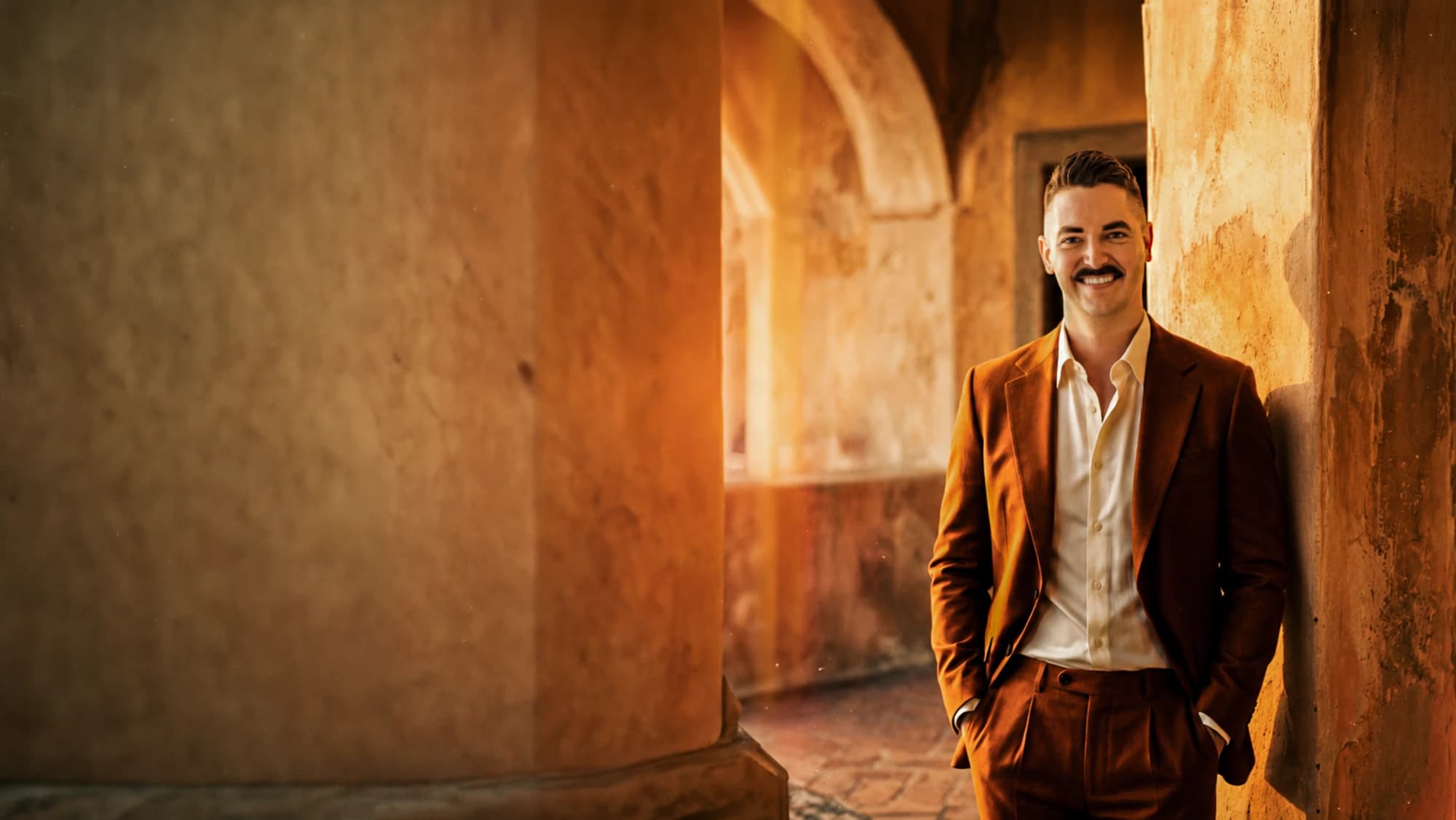 Cory Klose photographed in a sunlit stone archway